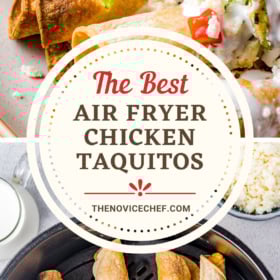 Chicken taquitos on a plate with sour cream and salsa and chicken taquitos in an air fryer basket.