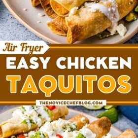 Chicken Taquitos on a white plate with sour cream, salsa, and green cilantro.