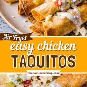 Chicken taquitos with all the toppings on a plate.