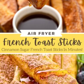 syrup is being poured over a stack of French toast sticks on a white plate.