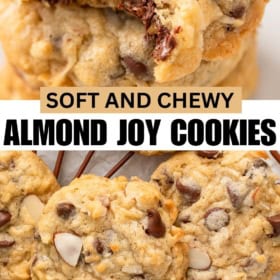 Soft and chewy almond joy cookies are presented in a small stack.