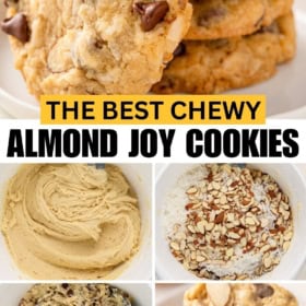 The best chewy almond joy cookies are whipped up in a white mixing bowl and baked to chewy perfection.