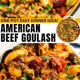 American beef goulash is garnished with fresh herbs.