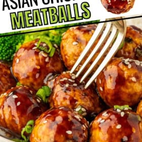 Asian meatball recipe served with sesame seeds and broccoli.