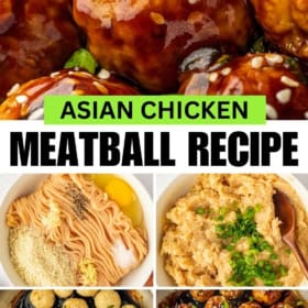Asian chicken meatball recipe made in a mixing bowl, then baked on a sheet pan and tossed in a pan with sauce.