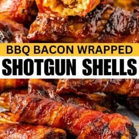 Close-up of BBQ bacon-wrapped shotgun shells, featuring crispy bacon-wrapped pasta tubes filled with meat and cheese, topped with a sticky glaze.