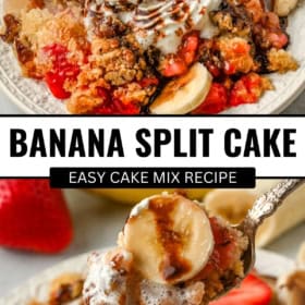 A plate of banana split cake topped with sliced bananas, strawberries, and chocolate sauce. Below, a spoonful shows layers of fruit, cake, and melting whipped cream.