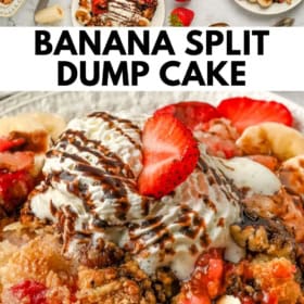 Close-up of banana split dump cake topped with whipped cream, chocolate sauce, and a strawberry slice. Slices of banana are visible, with other servings and fresh strawberries in the background.