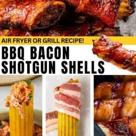 Collage of BBQ Bacon Shotgun Shells made with pasta, bacon, and filling. Top image shows grilled shells with a crispy finish. Bottom images show uncooked shells with filling, wrapped in bacon, and grilling.