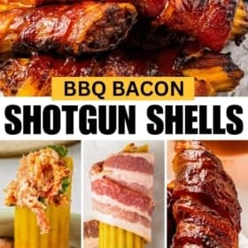 Close-up of BBQ bacon-wrapped pasta shells stuffed with meat. Top image shows the cooked dish, glistening with sauce. Below, steps include filling pasta, wrapping in bacon, and finished shells.