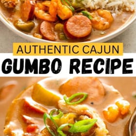 Authentic cajun gumbo served with rice and topped with sliced green onions.