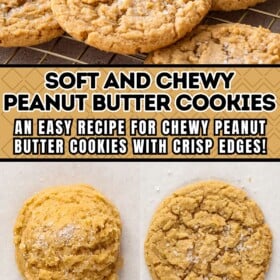 Chewy peanut butter cookies cooling on a cookie rack, cookie dough on a baking sheet and a baked peanut butter cookie on a cookie sheet.