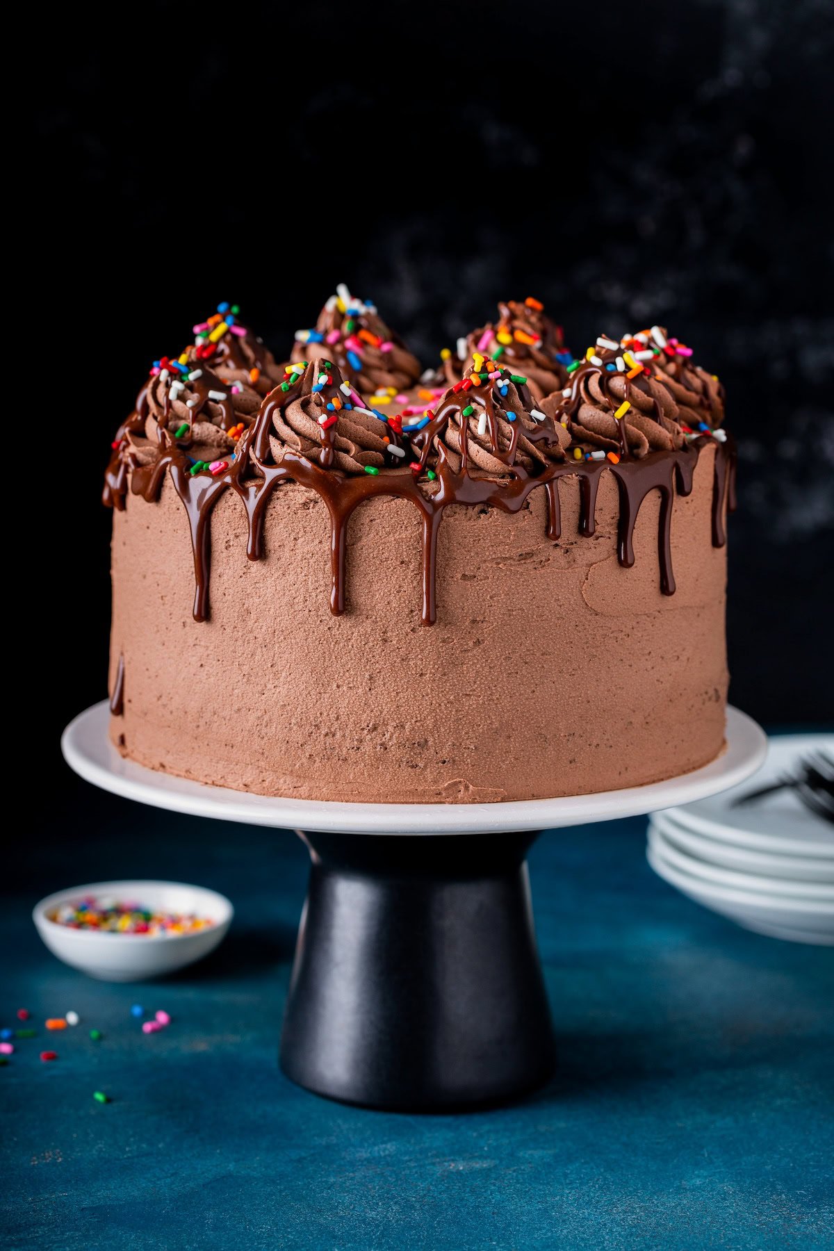 This is my BEST chocolate cake recipe! A moist and easy chocolate cake topped with chocolate buttercream frosting + drizzled chocolate sauce. A whole chocolate layer cake is topped with swirls of frosting, drizzled of chocolate sauce and plenty of colorful rainbow sprinkles.