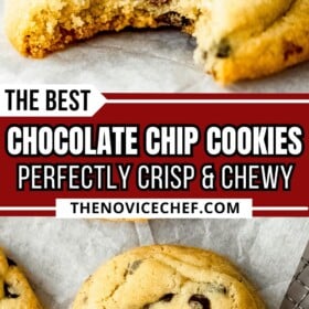 A bite taken out of a cookie and many chocolate chip cookies on parchment paper after baking.