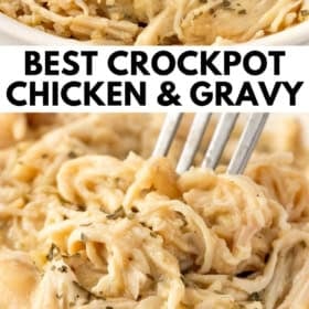 Close-up images of crockpot chicken and gravy, garnished with herbs, and an image of a fork lifting a bite of chicken.