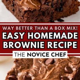 A scoop of ice cream drizzled with chocolate syrup on a square homemade brownie.