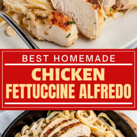 Sliced chicken breast with alfredo noodles on a plate and sliced chicken on top of fettuccine in alfredo sauce.