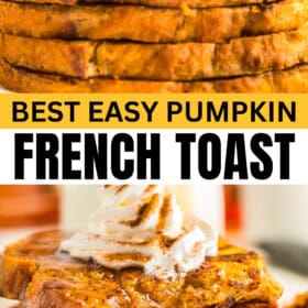 Thick maple syrup and fluffy whipped cream on top of stack pumpkin French toast.