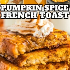 Pumpkin spice French toast cooking in a skillet, then plated with whipped cream on top.