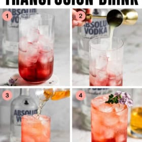 Four-step collage showing how to make a transfusion drink recipe: a glass with ice and red liquid, vodka being poured, ginger ale added, then a finished pink cocktail garnished with flowers.