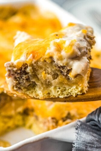 A piece of biscuits and sausage casserole.