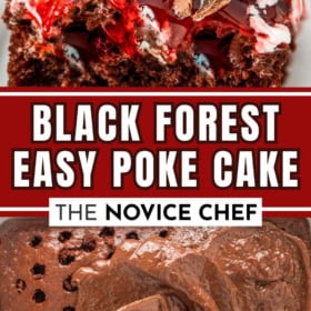 The top shows a Black Forest cake slice with cherries, whip cream, and chocolate shavings. The bottom displays a hand spreading chocolate pudding over a chocolate cake with holes.