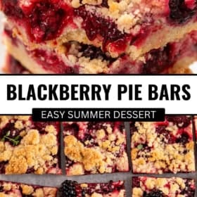 Two images show blackberry pie bars: the top has two crumbly, fruit-filled bars stacked; the bottom shows several bars with a golden crumb topping, some garnished with fresh blackberries.