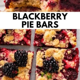 Close-up images of blackberry pie bars with a crumbly topping, juicy blackberry filling, and fresh blackberries on top.