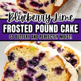 A whole cream cheese pound cake speckled with fresh blueberries and lime zest and a slice of lime blueberry pound cake on a plate.