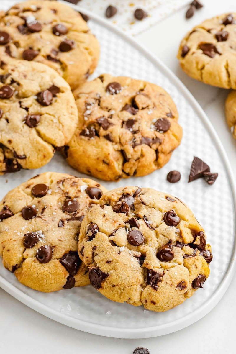 Plate of chocolate chip chocolate chunk cookies.