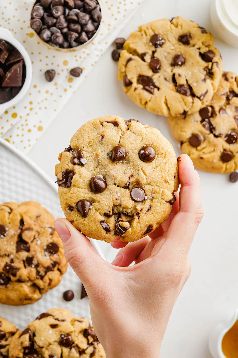 Someone holding a chocolate chip cookie.