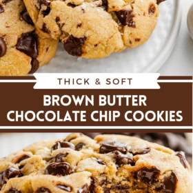 Collage image of Brown Butter Chocolate Chip Cookies on a white plate and an up close image of a cookie with a bite taken out of it.