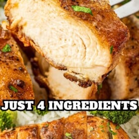 A bite of brown sugar chicken being lifted with a fork and sliced chicken breast over a bed of rice.