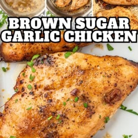 Garlic in butter sautéing, chicken breasts being topped with brown sugar and brown sugar chicken breasts on a platter topped with fresh herbs.