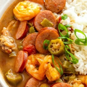 The best cajun gumbo is served with white rice and chopped green onions on top.