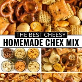 Close-up of homemade Chex mix with pretzels, crackers, and cereal, shown in detail and in jars.