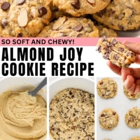 Cookies with almonds, chocolate chips, and coconut flakes are mixed up in a bowl, baked, and cooled on a wire rack.