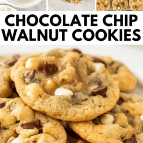 A collage showing cookie dough being mixed, shaped, and baked, with close-up shots of chocolate chip walnut cookies on a white plate.