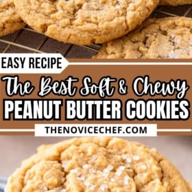 Peanut butter cookies stacked on top of each other with a bite taken out of one cookie and cookies cooling on a cookie rack.