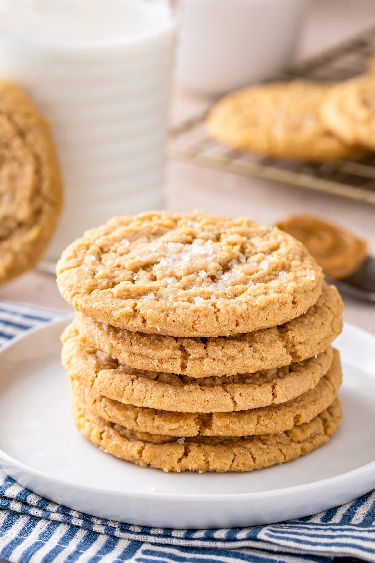 The BEST chewy peanut butter cookies with soft chewy centers, crispy edges and tons of peanut butter flavor! Easy recipe ready in 30 minutes! Old fashioned chewy peanut butter cookies stacked on top of each other on a white plate.