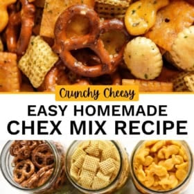 Close-up of crunchy, cheesy homemade Chex mix with pretzels, crackers, and cereal pieces, plus labeled jars with individual ingredients.