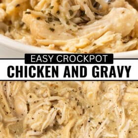 Close-up of crockpot chicken and gravy, with herbs visible. A fork lifts some chicken in the top section.