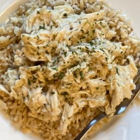 A close-up of shredded creamy chicken and gravy served over a bed of brown rice, garnished with chopped herbs, with a spoon resting on the plate.