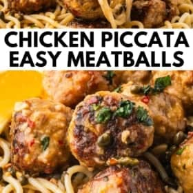 Close-up of spaghetti with chicken piccata meatballs, garnished with fresh herbs and lemon slices. A fork is lifting a bite of spaghetti.