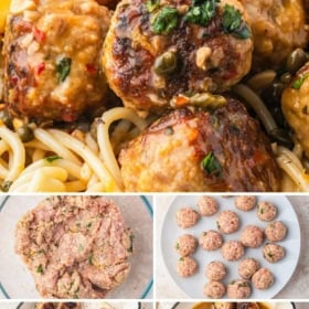 A plate of spaghetti topped with lemon chicken piccata meatballs, garnished with capers and parsley. Step-by-step photos show mixing, shaping, browning, and cooking the chicken meatballs.