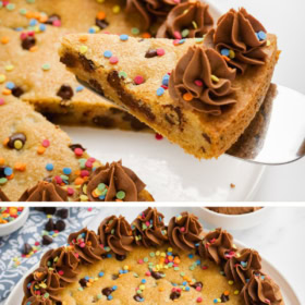 A slice of cookie cake being lifted from a plate and a whole cookie cake on a white plate.