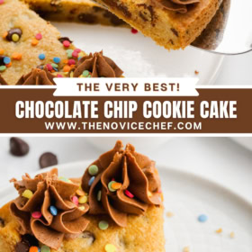 A slice of cookie cake being lifted from a plate and a slice of cookie cake with a fork taking a bite.