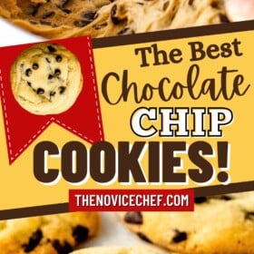 Cookie dough in a bowl being mixed and a chocolate chip cookie sitting on parchment paper.