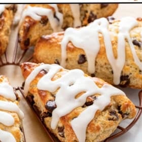 Homemade scones with chocolate chips are drizzled with icing.