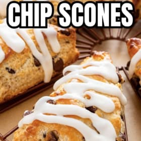 Soft, buttery chocolate chip scones are presented on a wire rack.